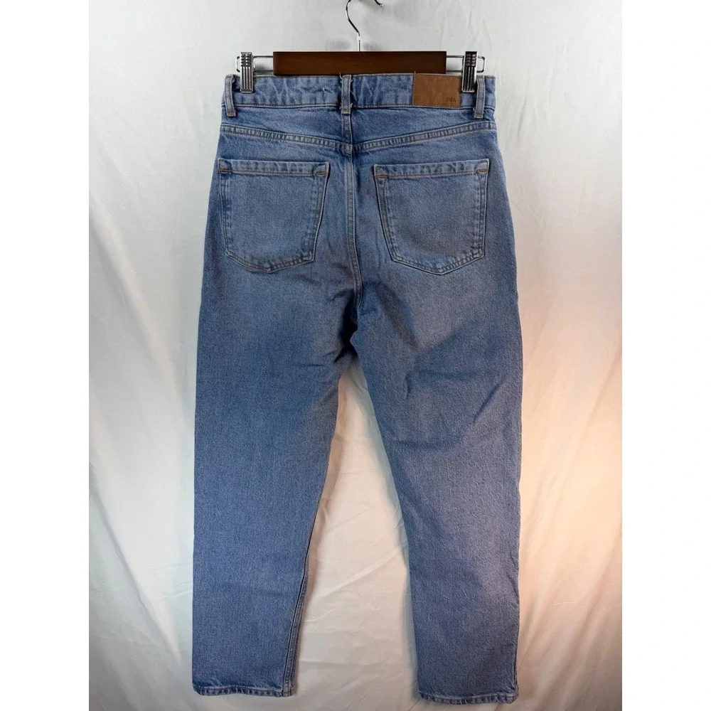 Zara Womens High Waisted Mom Jeans Light Wash Blue Button Fly Straight Leg Sz 4